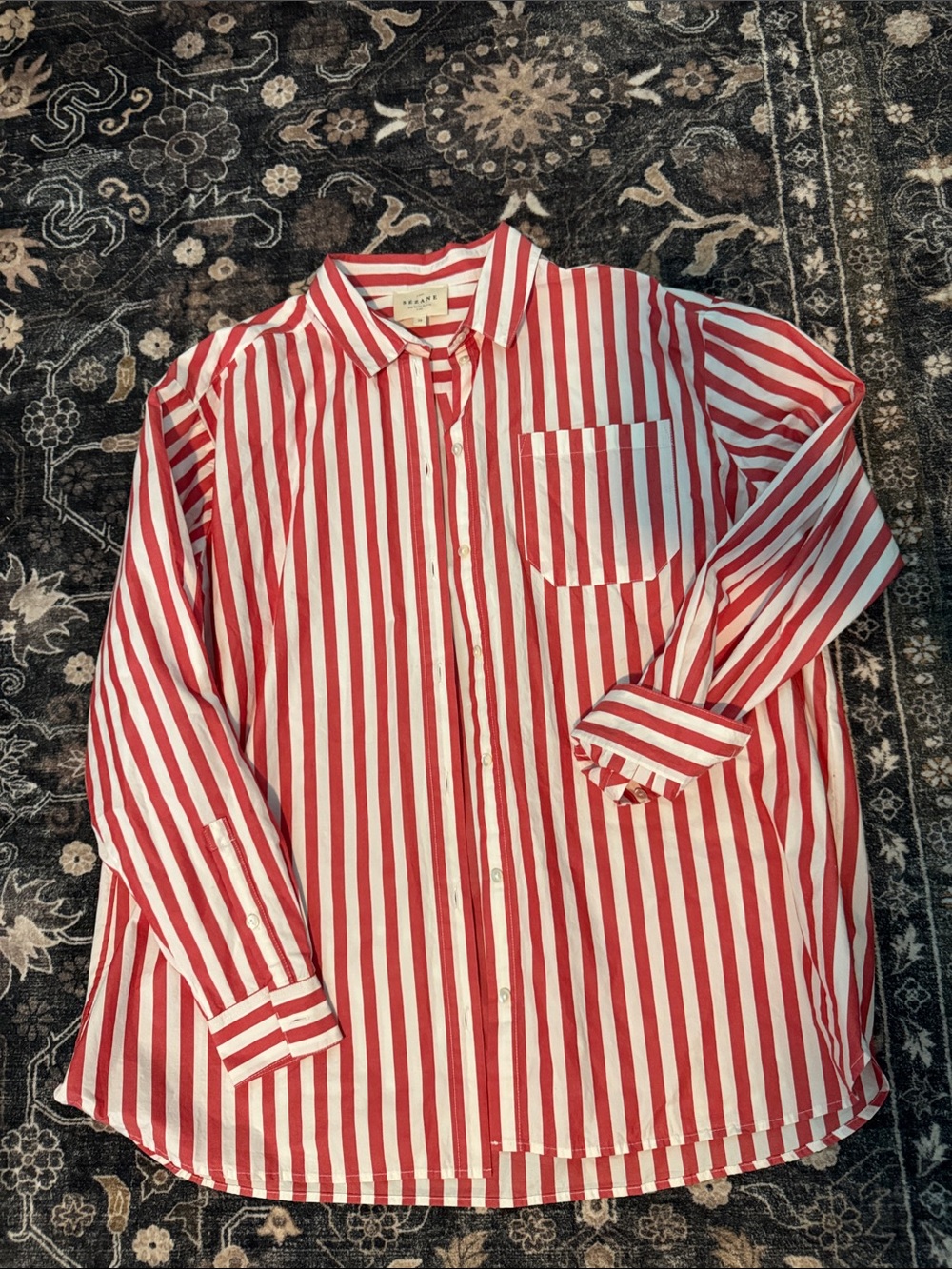 Sezane Red & White Vertical Stripe Button-Down Shirt